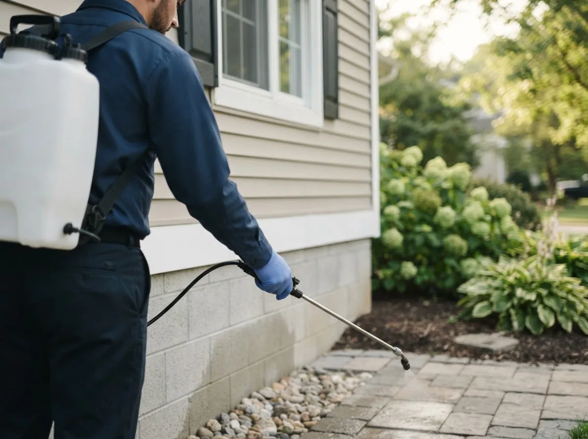 Pest control technician inspecting a home in Lahmansville, WV